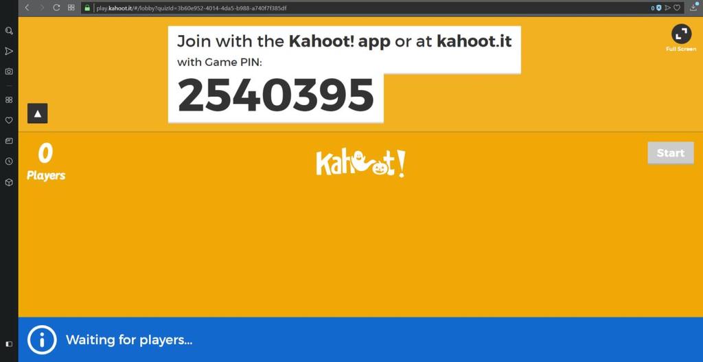 uruchomienie aplikacji na telefonie lub tablecie Kahoot lub prosimy aby uczniowie uruchomili stronę internetową kahoot.