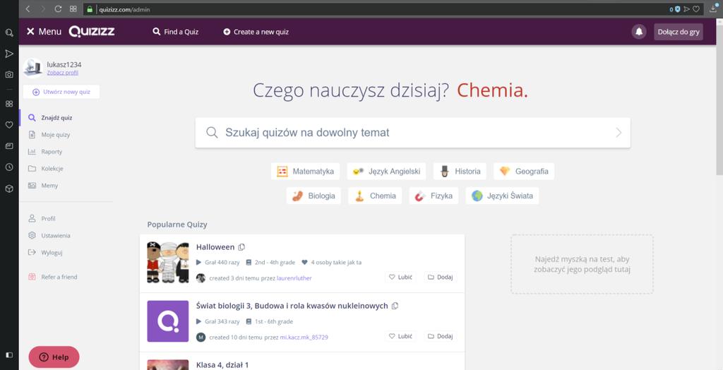 quizizz lub stworzyć swój nowy.