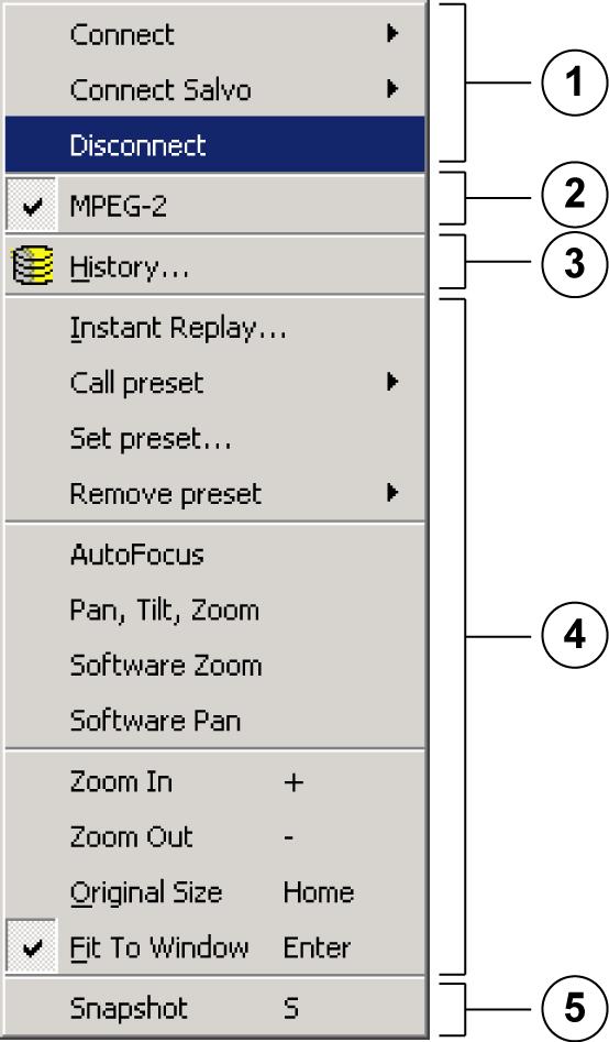 32 pl Interfejs programu VIDOS Pro Suite 3.4.1 Menu skrótów dostępu w oknie monitora Menu skrótów dostępu dostępne po kliknięciu prawego przycisku myszy w dowolnym miejscu na oknie monitora.
