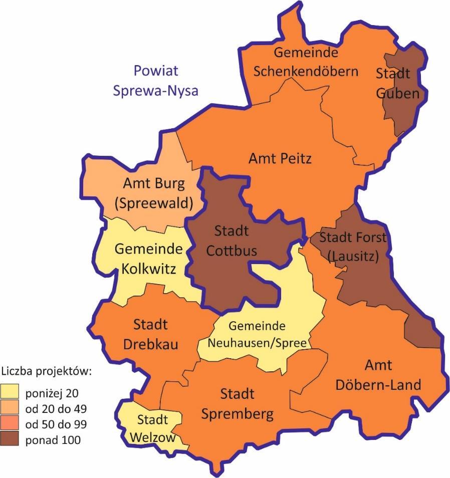 W niemieckiej części Euroregionu sytuacja wyglądała następująco: Ilustracja nr 2: mapa ukazująca współpracę pod względem ilościowym (tzn.