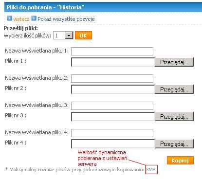 lokalnego. Aby zapewnić prawidłowe działanie modułu pobierania plików upewniamy się, czy nazwa pliku nie zawiera polskich liter. Po uzupełnieniu pól formularza zatwierdzamy operację klikając Kopiuj.
