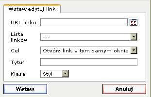 Pole Cel umożliwia nam zdecydowanie, czy wpisany adres zostanie otwarty w tym samym oknie przeglądarki (opcja Otwórz link w tym samym oknie), czy w nowym (opcja Otwórz link w nowym oknie).