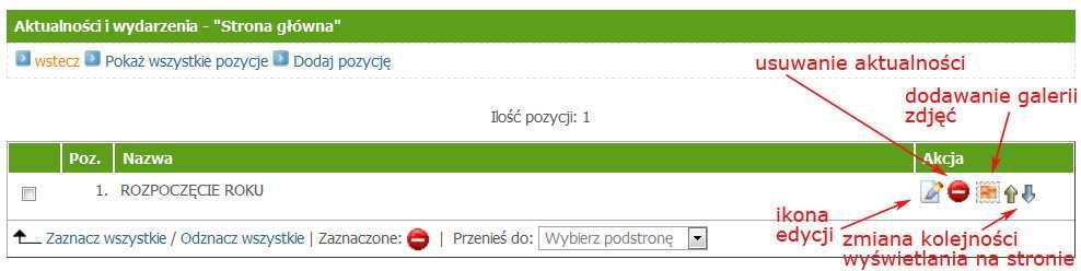 Aby dodać galerię zdjęć do artykułu należy z kolumny o tytule Akcja (zawiera rodzaje operacji