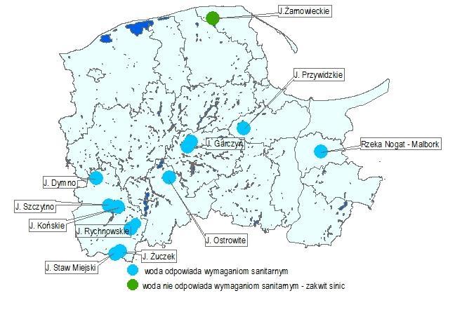 Mapa 2. Ocena sanitarna kąpielisk śródlądowych w 2016 roku Sezon kąpielowy we wszystkich następujące okresy gminach został określony uchwałą rad gmin i obejmował Tabela 10.