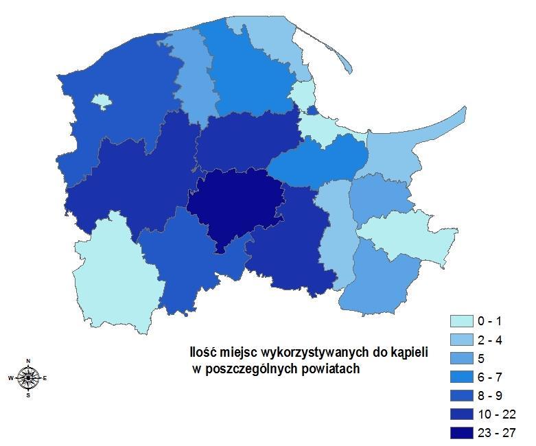 Mapa 4. Liczba miejsc wykorzystywanych do kąpieli w poszczególnych powiatach w 2016 roku Jakość wody w 12 z nich nie odpowiadała wymaganiom sanitarnym. Tabela 13. Miejsca wykorzystywane do kąpieli Lp.