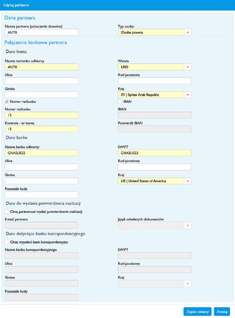 8 MENU PARTNERZY ADMINISTRACJA PARTNERÓW DLA PŁATNOŚCI ODCHODZĄCYCH W podmenu Administracja partnerów dla płatności odchodzących znajduje się lista wszystkich wprowadzonych partnerów, z którymi są