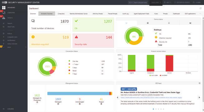 CENTRALNE ZARZĄDZANIE Wszystkie produkty ESET dla firm, bez względu na obsługiwany system, mogą być zarządzane z poziomu jednej konsoli ESET Security Management Center.