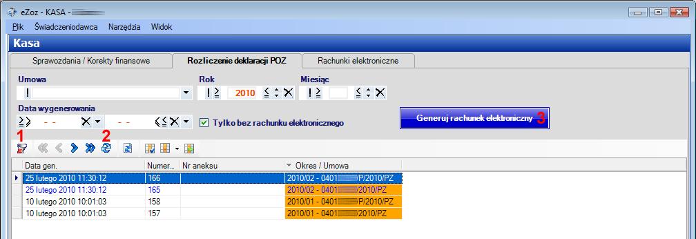 Rachunki elektroniczne dla sprawozdań deklaracji POZ/MS do roku 2013 Zakładka Rozliczenie deklaracji POZ zawiera tabelę z otrzymanymi z NFZ raportami rozliczenia deklaracji POZ które stanowią