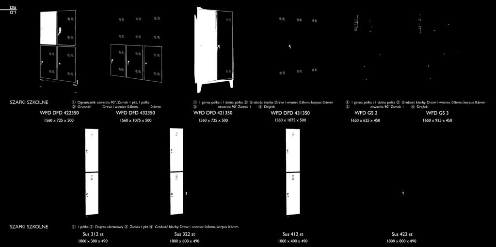 500 1560 X 1075 X 500 1650 X 625 X 450 1650 X 925 X 450 SZAFKI SZKOLNE CD I półka ~ Drążek ubraniowy Q) Zamek I pkt @ Grubość blachy: