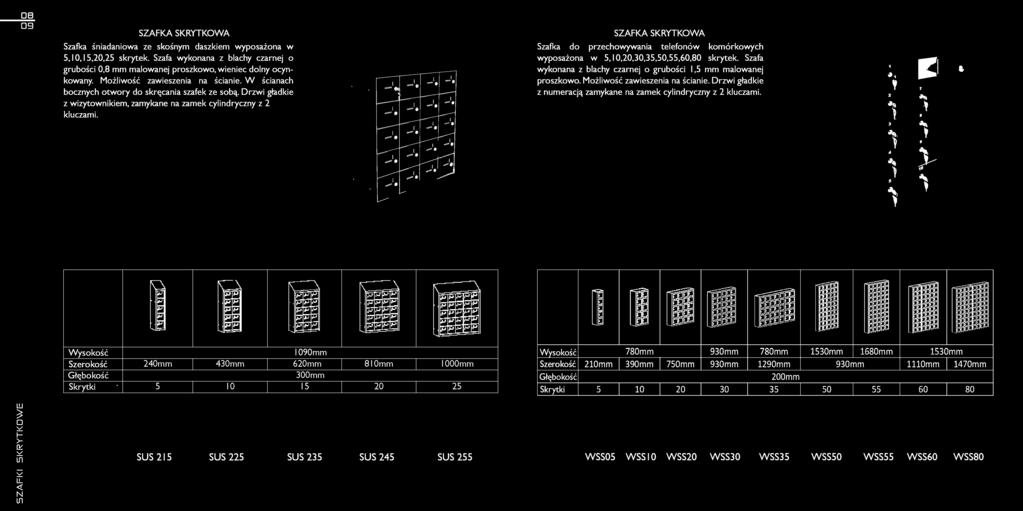 SZAFKA SKRYTKOWA Szafka do przechowywania telefonów komórkowych wyposażona w 5, I 0,20,30,35,50,55,60,80 skrytek. Szafa wykonana z blachy czarnej o grubości 1,5 mm malowanej proszkowo.