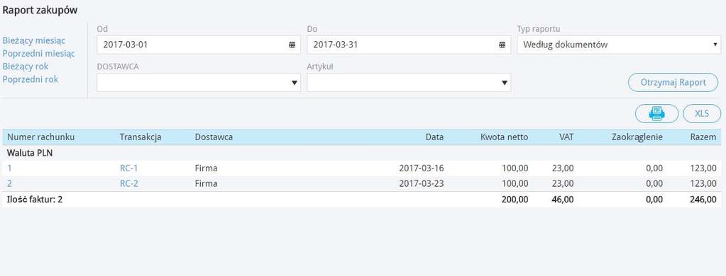 Raport zakupów według dokumentów jest generowany na podstawie daty transakcji. Raport według dostawców lub artykułów generowany jest względem wielkości zakupów.