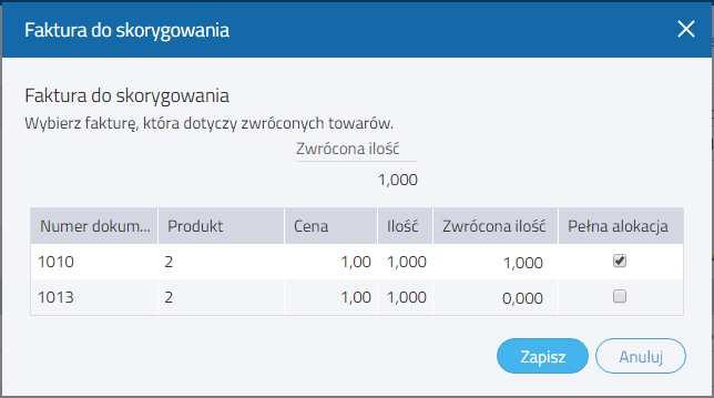 Aby wystawić fakturę korektę dotyczącą pozostałej sprzedaży, należy wybrać z listy już zaksięgowanych faktur tę, której korekta będzie dotyczyła.