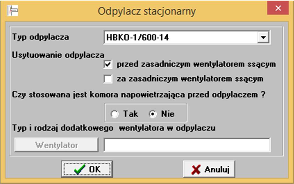 Okno doboru lutniociągu w projekcie wentylacji lutniowej Rys. 7. Okno doboru odpylacza stacjonarnego w projekcie wentylacji lutniowej Na rys.