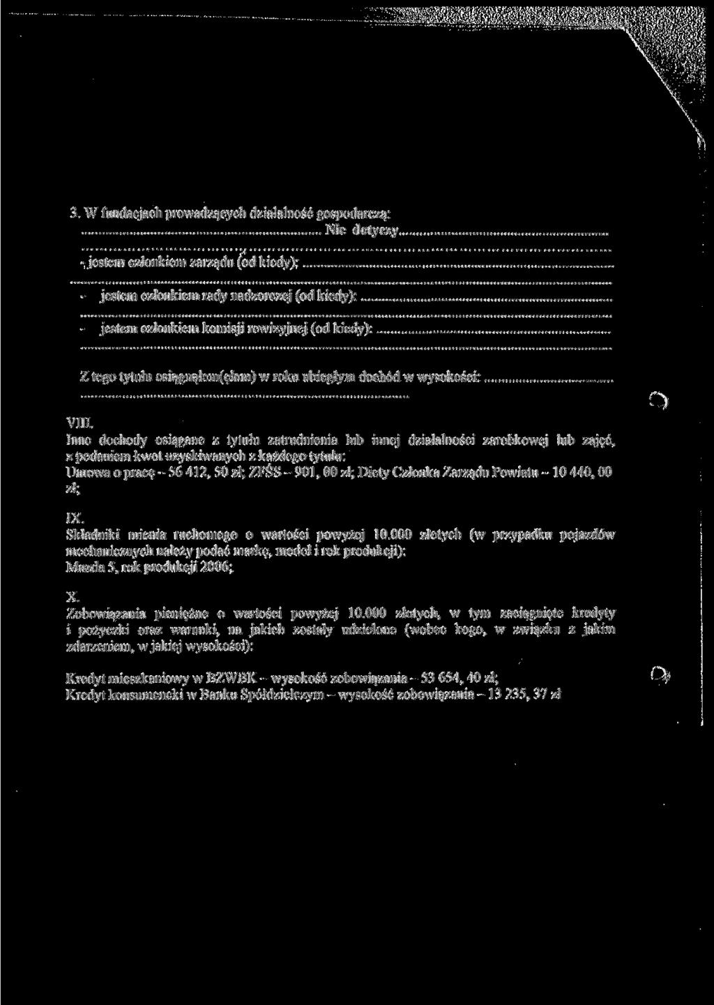 3. W fundacjach prowadzących działalność gospodarczą:. -jestem członkiem zarządu (od kiedy): - jestem członkiem rady nadzorczej (od kiedy):... - jestem członkiem komisji rewizyjnej (od kiedy): VIII.