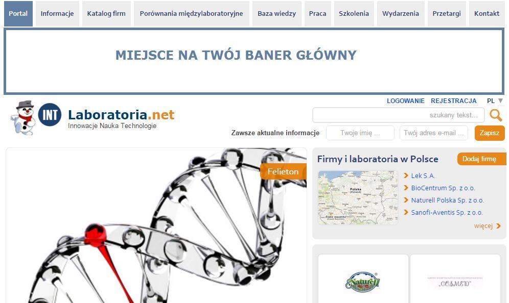 3. Banery (emisja na stronie głównej i podstronach) a) Baner główny wielkość: max szerokość 960 px, wysokość dowolna, baner dostarcza zamawiający, format banera: jpg, HTML, gif (animowany