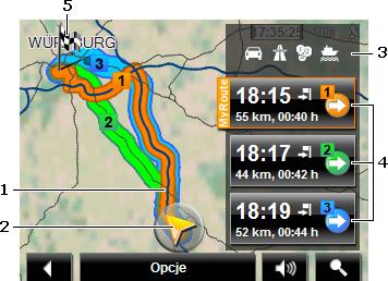 1 Po aktywacji funkcji MyRoutes, na mapie widoczne są maksymalnie trzy trasy o różnych kolorach i numerach (pomarańczowy, zielony, niebieski).