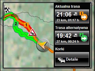 Stuknij w przycisk trasy którą chcesz się poruszać. - lub - Stuknij w przycisk Detale. Otwiera się okno KOMUNIKATY DROGOWE. (zob.