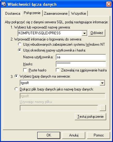 gdzie podajemy a) nazwę sieciową (NETBIOS) komputera na którym jest zainstalowany SQLEXPRESS, a po znaku backslash \ nazwę instancji serwera MSSQL (dla SQLEXPRESS domyślnie będzie to