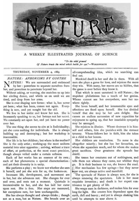 Rysunek 1 Okładka pierwszego wydania czasopisma Nature - 4.11.1869 Źródło: Wikipedia, https://en.wikipedia.org/wiki/scientific_journal, 5.2.