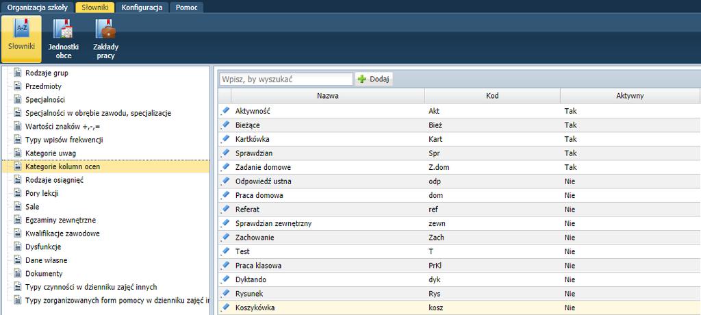 Zarządzanie słownikami Do słownika można dodawać nowe pozycje (za pomocą przycisku Dodaj). Istniejące pozycje słownika za pomocą ikony aktywność lub usuwać.