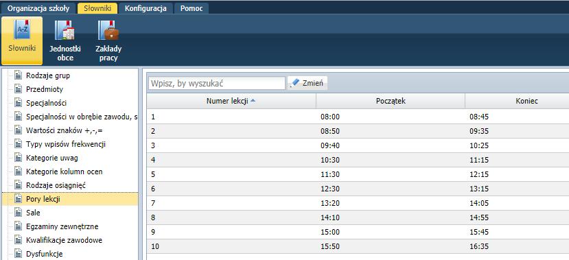 Zarządzanie słownikami Aby dodać nową porę lekcji lub zmodyfikować istniejącą należy kliknąć przycisk Zmień i w oknie Edycja pór lekcji wprowadzic zmiany.