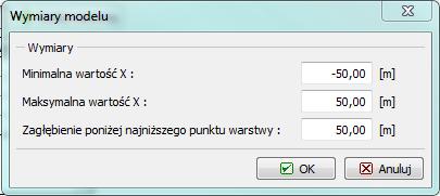 Następnie wprowadzimy wymiary modelu numerycznego rozwiązywanego zadania oraz warstwy terenu. Dla analizowanego zadania przyjmiemy zakres modelu poniżej najniższego punktu warstwy o wartości 50.0 m.