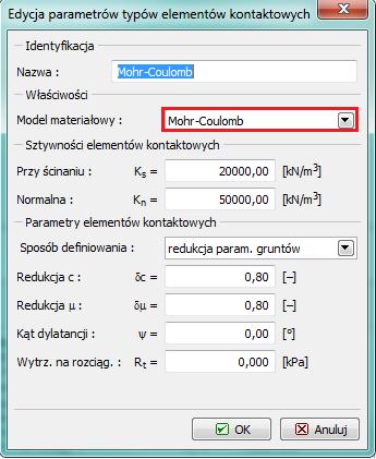 Okno dialogowe Edycja parametrów typów elementów kontaktowych Uwaga: Elementy kontaktowe pozwalają na uwzględnienie zjawiska wzajemnego oddziaływania dwóch różnych materiałów, jak obudowa i grunt lub