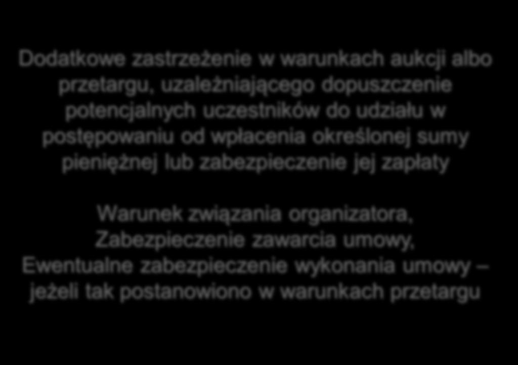 Wadium Dodatkowe zastrzeżenie w warunkach aukcji albo przetargu, uzależniającego dopuszczenie potencjalnych uczestników do udziału w postępowaniu od wpłacenia określonej sumy