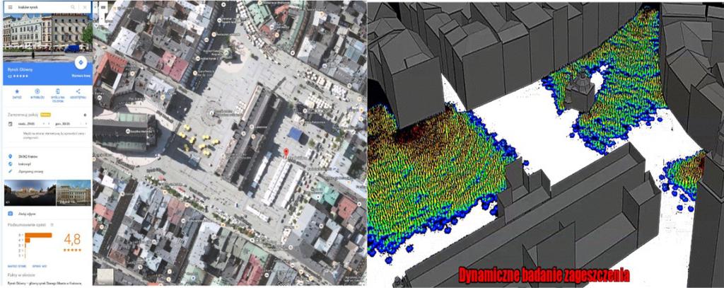 Wykorzystanie symulatora tłumu w planowaniu imprez masowych Rys. 8 Przygotowanie eksperymentu i symulacja ewakuacji rynku w Krakowie źródło: google maps i autorski symulator Fig.