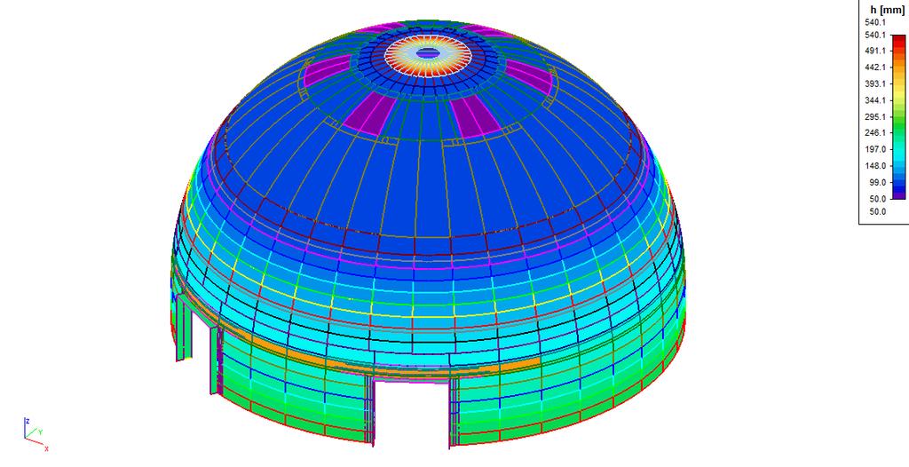 Reinforcement przyjęto średnie grubości ścian kopuły.