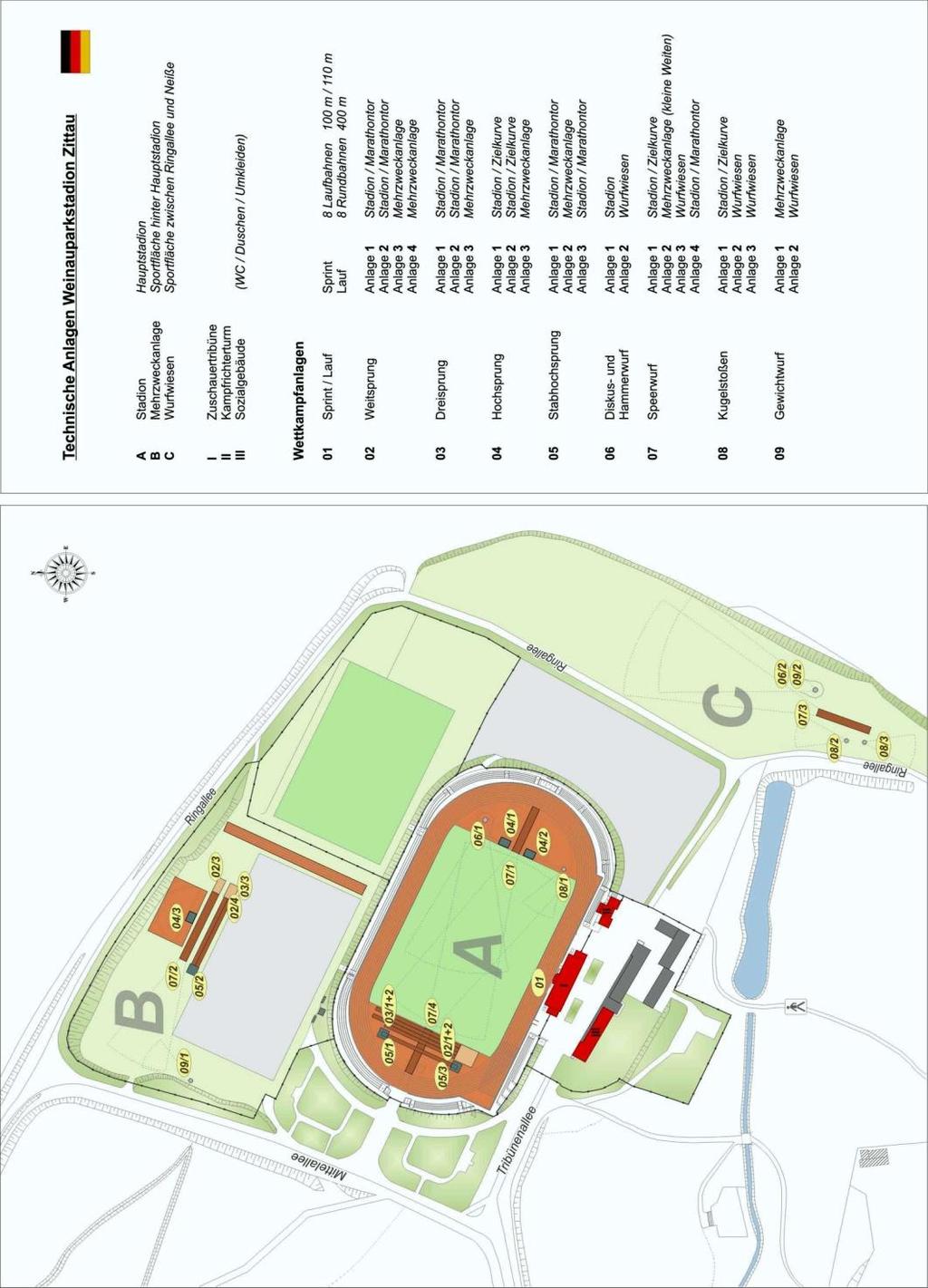 PLAN STADIONU Skok wzwyż 1+2 (A 04/1 i 2) i skok w dal 1+2 (A 02/1 i 2) odbywają się na stadionie, i skok w dal 3+4 na obiekt sportowy wielofunkcyjne (B 02/3 und 4).