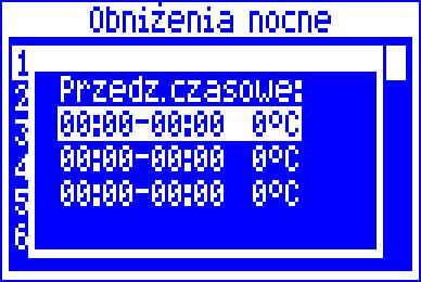 Aby uaktywnić przedziały czasowe należy ustawić parametr Obniżenie nocne dla danego obiegu grzewczego na włączone. Obniżenia nocne można zdefiniować odrębnie w dni robocze, soboty oraz niedziele.