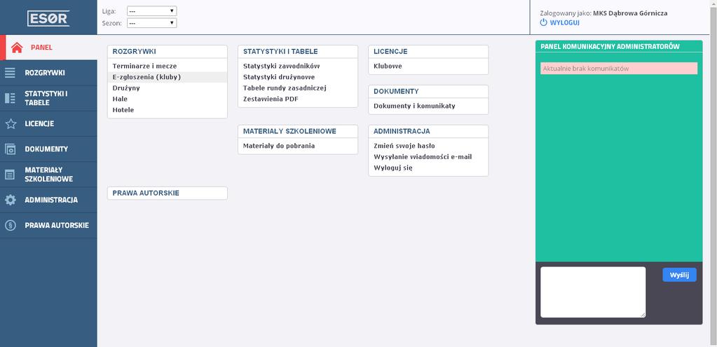 5. Po zalogowaniu ukazuje nam się GŁÓWNY PANEL ADMINISTRACYJNY, który składa się z kilku istotnych sekcji: a. Sekcja nawigacji (po lewej stronie oraz umieszczona centralnie) b.