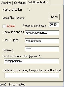 W zakładce poza informacjami wymaganymi w protokóle ftp można ustawić: Częstość rozsyłania. [Period of send data.] Nazwę pliku pomiarów widzianą w internecie. [Destination file name.