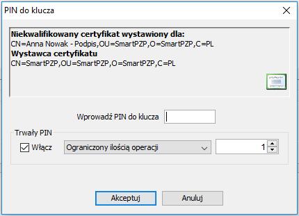 Po kliknięciu przycisku, który znajduje się po prawej stronie okna aplikacji, pojawi się okno z miejscem na wprowadzenie PINu do karty z