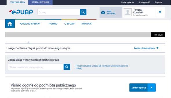 urzędu. Za pomocą tej usługi możliwe jest złożenie pisma do każdego urzędu, który posiada podmiot (potocznie konto ) na platformie epuap.