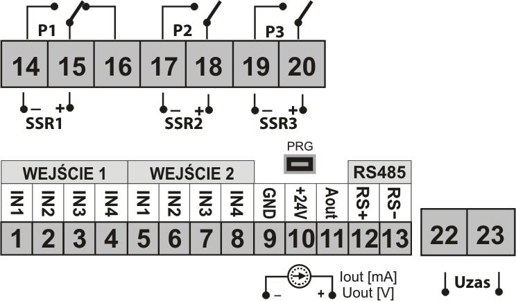 Numeracja i opis listw zaciskowych Zaciski IN1- IN2- IN3 IN2- IN3 IN3- GND (9) Opis wejście Pt100, Ni100, Pt500, Pt1000, rezystancyjne, (2- i 3-przewodowe) wejście termoparowe TC (J, K, S,