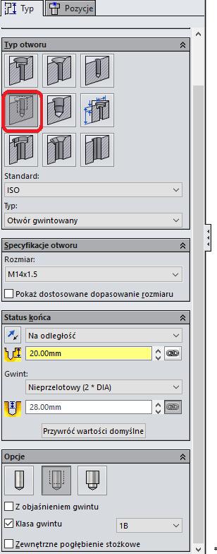 Drugi otwór Z drugiej strony modelu wykonajmy otwór gwintowany M14x1,5, posługując się Kreatorem otworów, rys. 25.