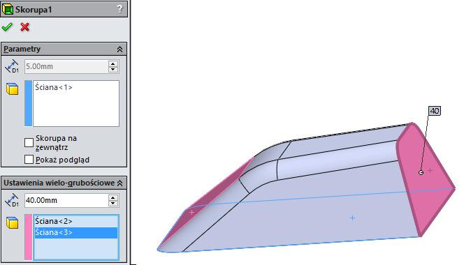 Wykonanie Skorupy o różnej grubości ścianek Do tej pory Skorupę wykonywaliśmy wskazując Płaszczyznę do usunięcia i Grubość. Obecnie wykonamy ją wybierając różne grubości ścianek.