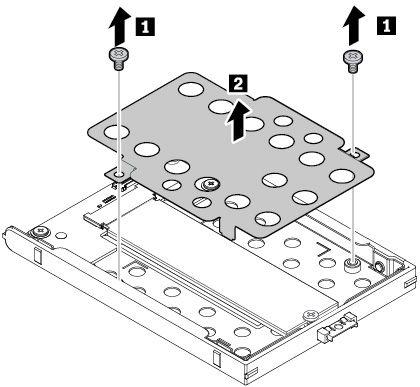8. Odkręć wkręty mocujące wspornik dysku SSD M.2 1, a następnie zdejmij wspornik 2. 9.