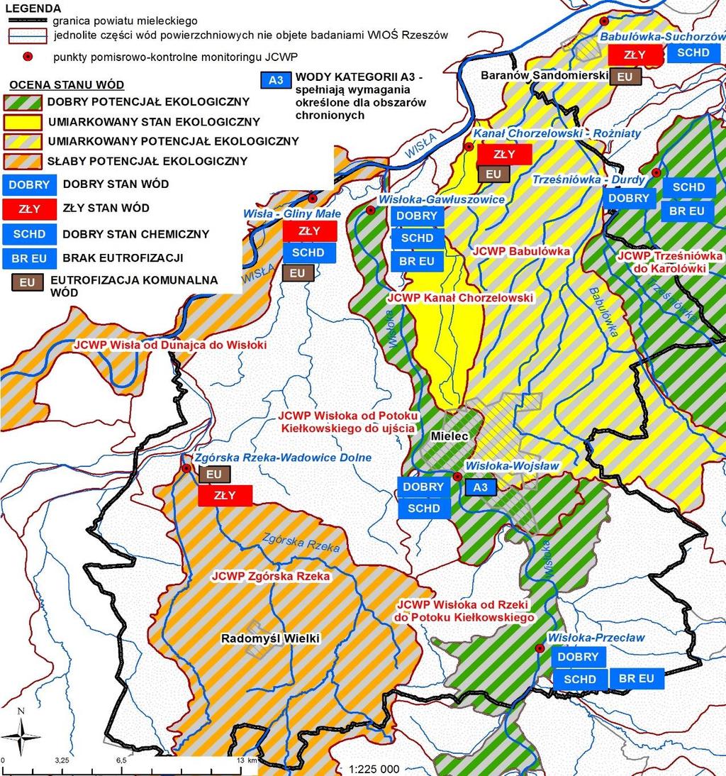 WODY POWIERZCHNIOWE OCENA STANU JEDNOLITYCH CZĘŚCI WÓD POWIERZCHNIOWYCH W POWIECIE MIELECKIM W 2014 ROKU JCWP MONITOROWANE PRZEZ WIOŚ RZESZÓW Ocena stanu JCWP Kanał Chorzelowski badania w 2014 r.