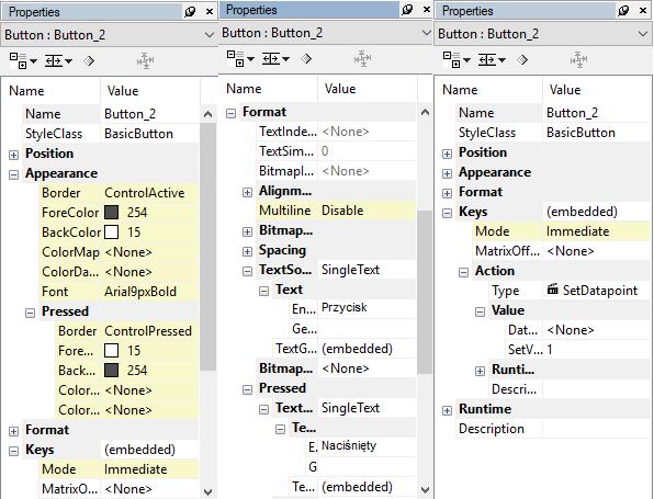Zakładka Keys zawiera opcje Action oraz Value, które odpowiednio przypisują przyciskowi akcję po jego naciśnięciu oraz pozwalają na