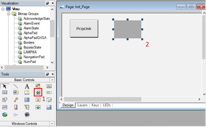 Po utworzeniu grupy bitmap, konieczne jest jej dodanie do ekranu wizualizacji,w tym celu z zakładki narzędzi wybieramy element bitmap(1) i na ekranie myszką określamy kształt bitmapy(2), jest on