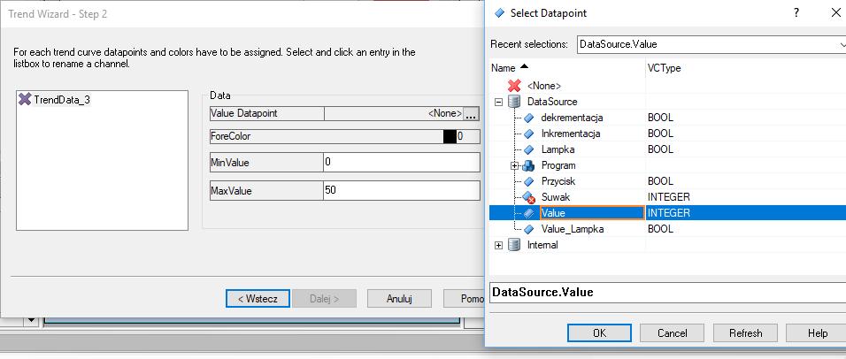 W kolejnym oknie wybieramy zmienną w polu Value Datapoint, która przedstawiana