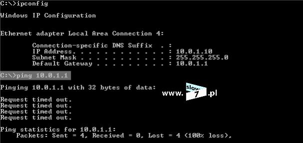 16 (Pobrane z slow7.pl) Aby upewnić się czy na pewno wszystko działa wykonajmy test z Host2 na adres IP interfejsu routera. Jak można przekonać się poniżej test ten kończy się niepowodzeniem.