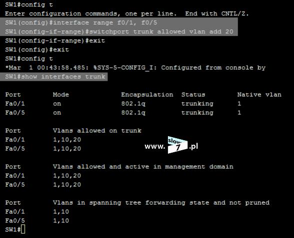 18 (Pobrane z slow7.pl) Aby zmienić ten stan rzeczy należy na interfejsach tworzących łącza trunk zezwolić na przesył ramek przynależnych do sieci VLAN 20.