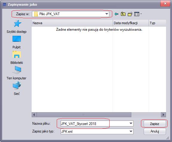 JPK_VAT oraz wprowadzić nazwę pliku i kliknąć Zapisz. Po zapisaniu pliku pojawi się komunikat, który potwierdza, że z powodzeniem zapisany został plik JPK_VAT.