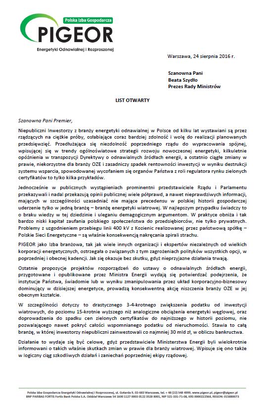 List otwarty do Premier Beaty Szydło http://www.pigeor.