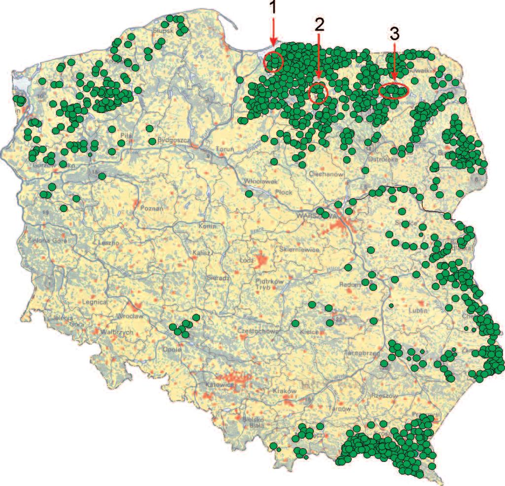 sim22:makieta 1 11/11/2009 11:31 AM Strona 34 Ryc. 1. Mapa rozmieszczenia stanowisk lęgowych orlika krzykliwego wygenerowana z bazy danych Komitetu Ochrony Orłów. Stan na 2008 rok.