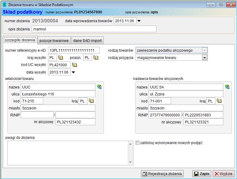 6.1 Nowe złożenie w składzie podatkowym Nowe złożenie, jak zostało już powyżej wspomniane, może być wykonane poprzez edycję wszystkich pól dokumentu złożenia towaru.